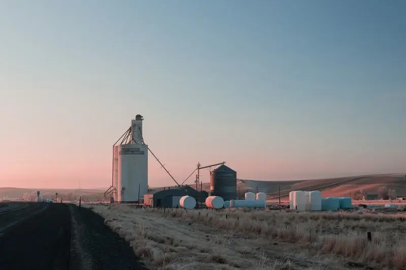 Grain silos at sunset