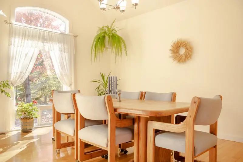 Bright dining room with a wooden table