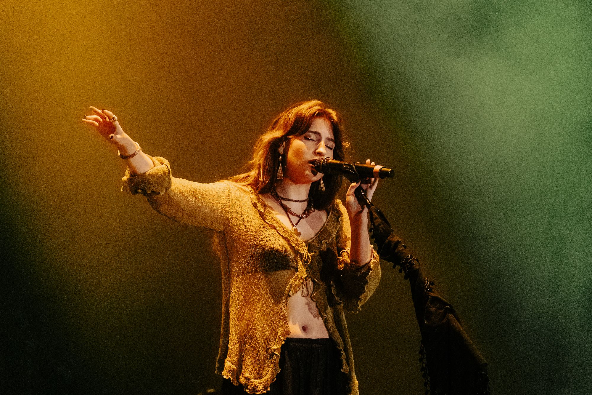 Singer with long brown hair performing into a microphone on stage